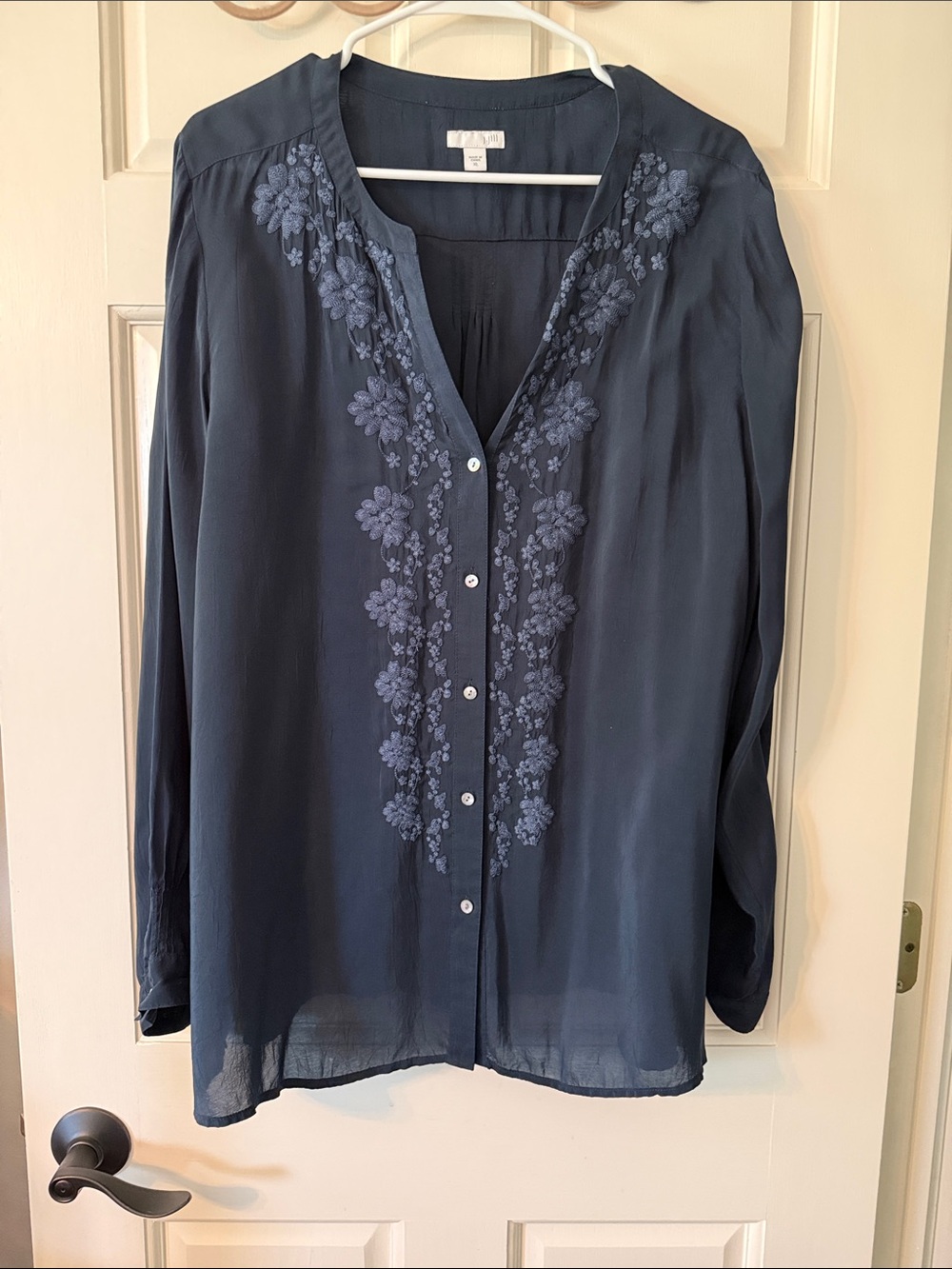J. Jill Navy Floral-Embroidered Button-Down Shirt